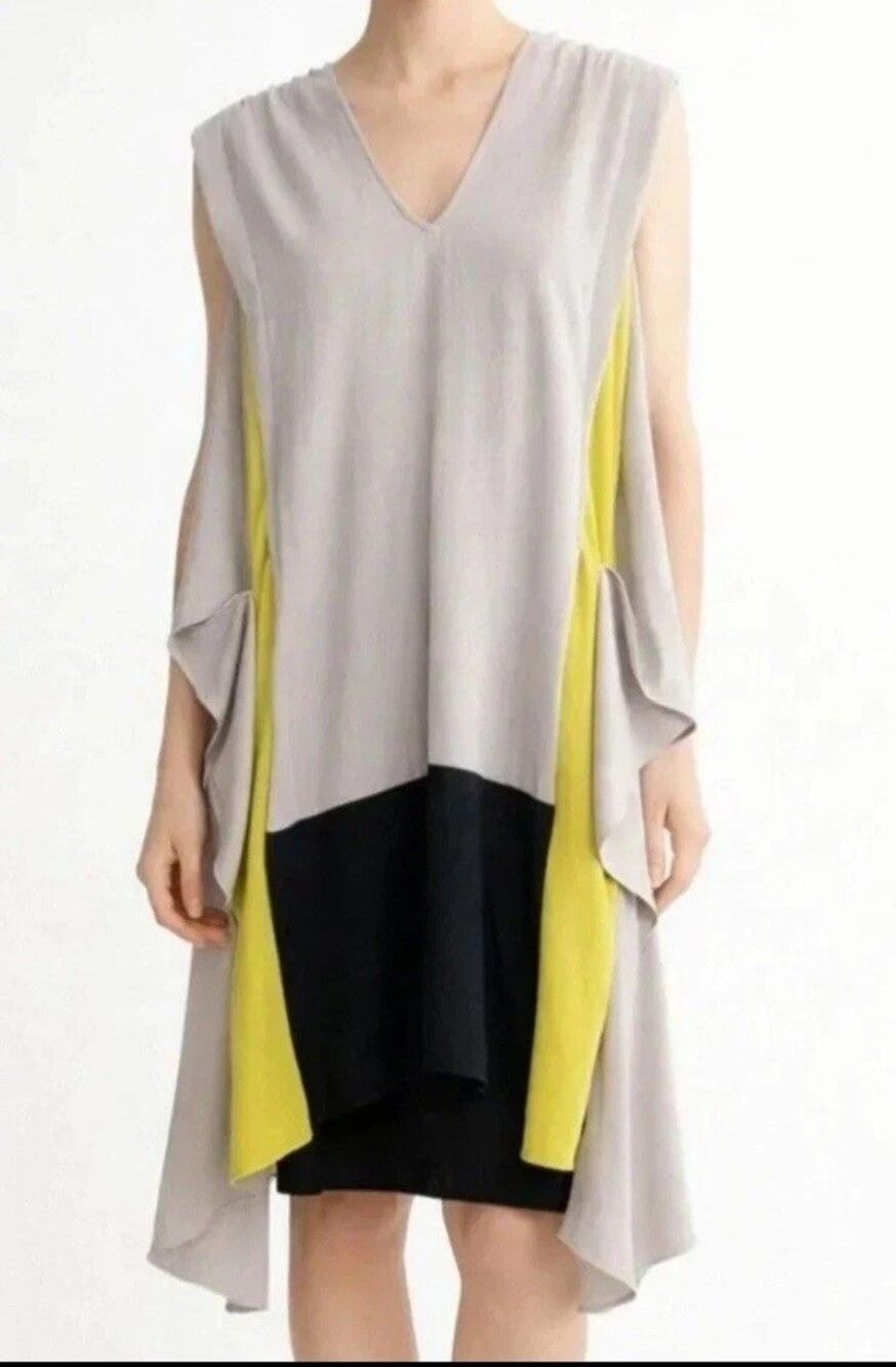 BCBGMAXAZRIA Runway Dress Gray Yellow Black Draped Asymmetrical Belted XS